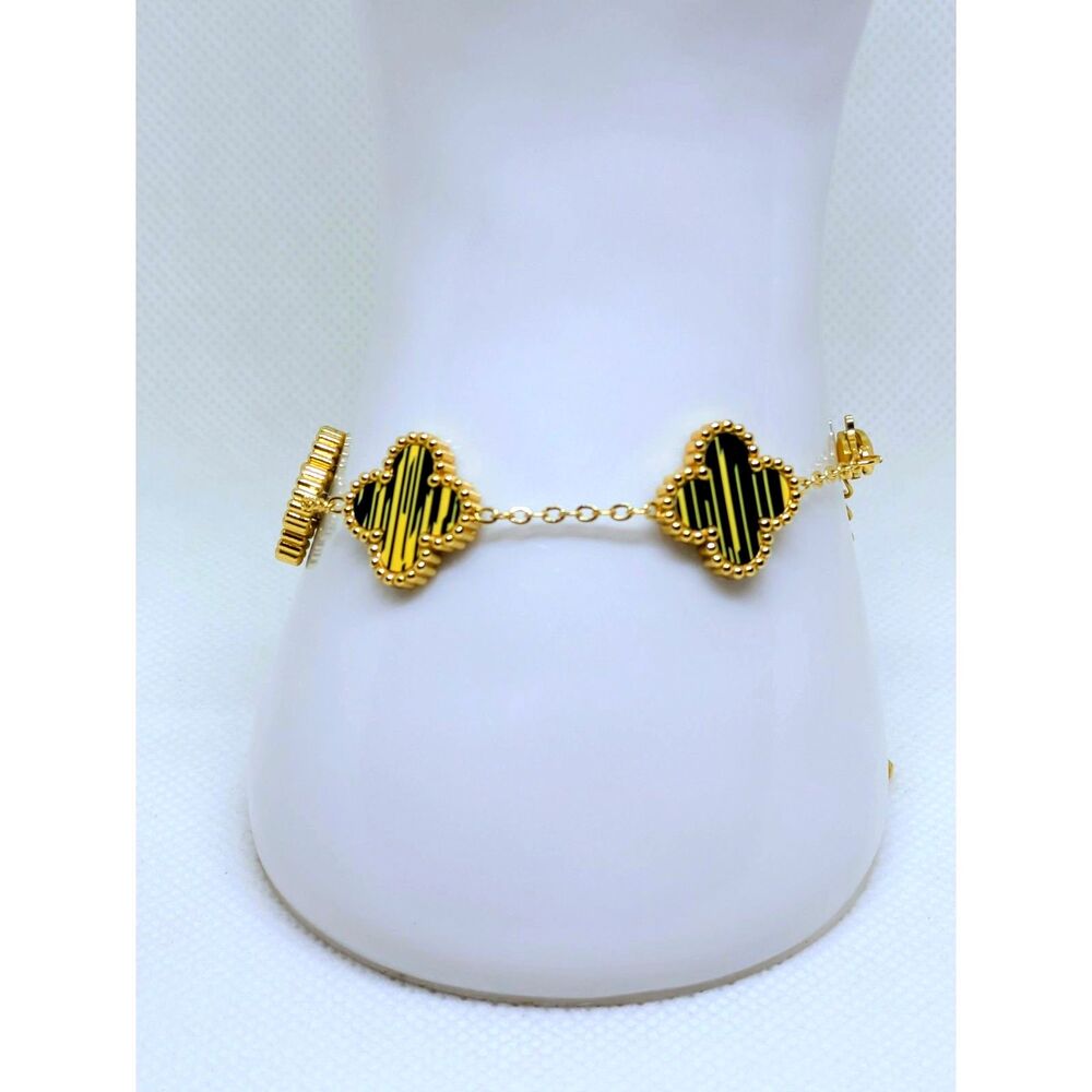 New Womens Gold Stainless Steel Yellow/Black 7-9inch adjustable clover bracelet